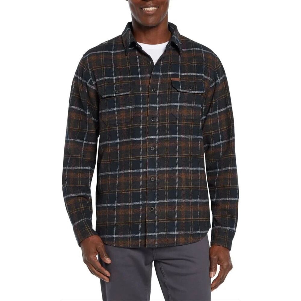 Orvis Men’s Small Plaid Flannel Shirt Shacket Blue & Brown Button Closure Cotton